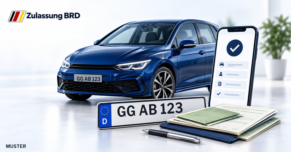 Online Fahrzeugzulassung in Nauheim: Musterkennzeichen GG AB 123, Auto und Fahrzeugpapiere und Smartphone. Illustration mit Logo von Zulassung BRD.
